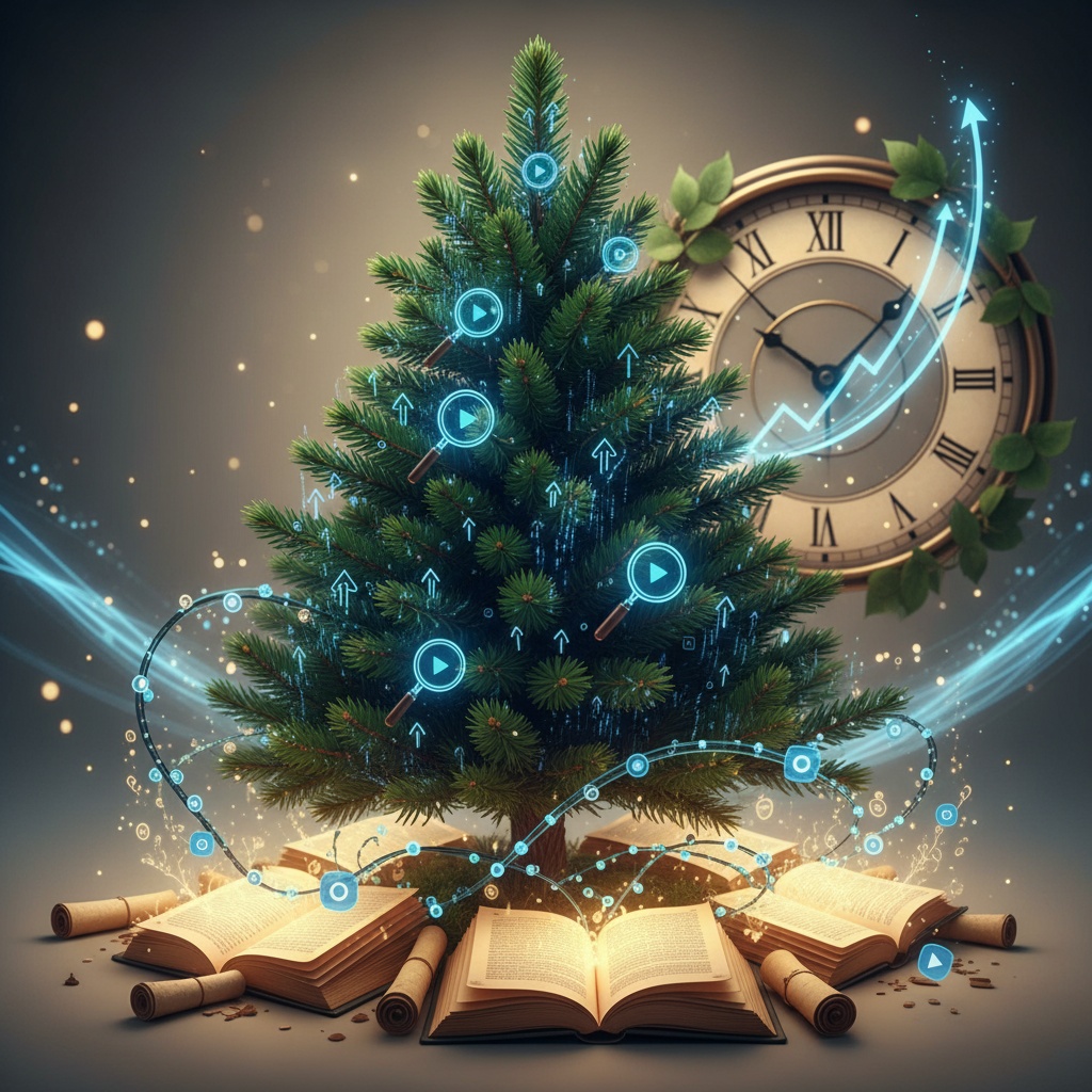 * A vibrant, healthy evergreen tree (like a pine or fir) with subtle SEO-related elements integrated into its surroundings or leaves, perhaps stylized search magnifying glasses, upward trending graphs, or subtle digital patterns.